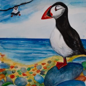 Watercolour and pencil mixed media painting of Puffins