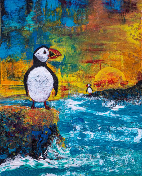 Mixed media painting of puffins by the sea