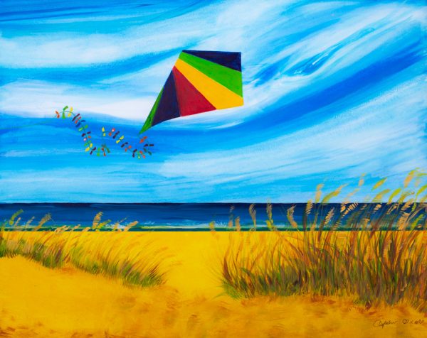 A painting of the sea and a kite