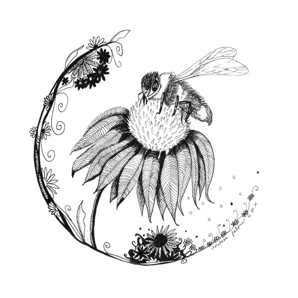 Ink drawing of a Bee with circular flora