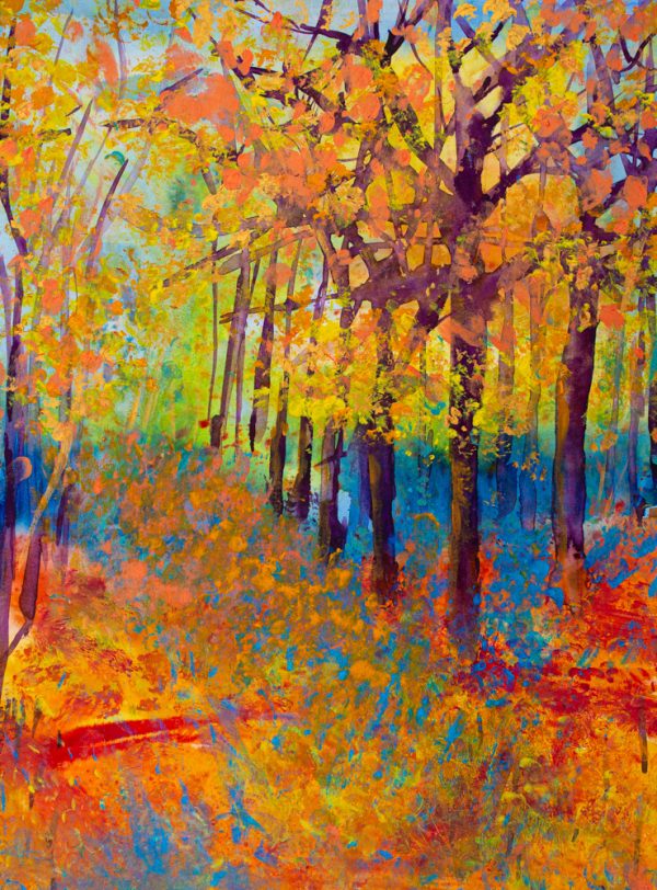 Mixed media painting of autumnal Trees