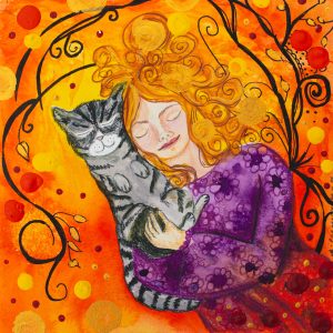 A mixed media painting of a lady with her cat